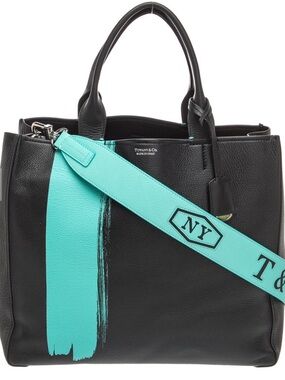 Tiffany & Co. tote bag features a bold Tiffany Blue brushstroke Black Leather